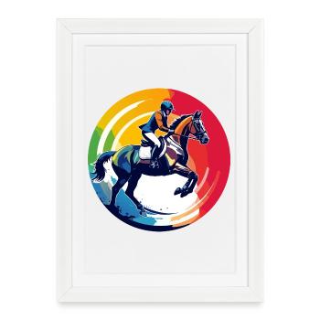 Motif du saut d’obstacles à cheval arc-en-ciel - Affiche encadrée (27 × 37 cm) - blanc - Devant
