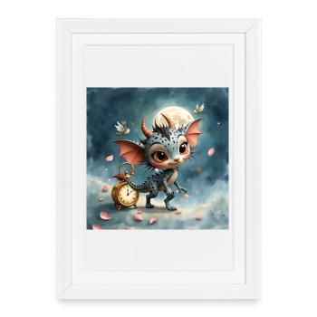Bébé Dragon de la Nuit avec Horloge - Affiche encadrée (27 × 37 cm) - blanc - Devant