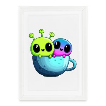 Little Alien Couple in Teacup - Framed poster (27 × 37 cm) - white - Front