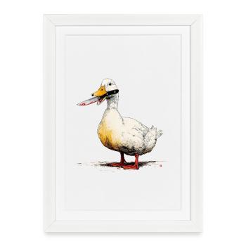 Canard avec un couteau dans le bec - Affiche encadrée (27 × 37 cm) - blanc - Devant
