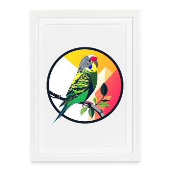 Colorful Budgie Parrot on Branch Art Design - Framed poster (27 × 37 cm) - white - Front