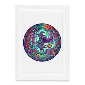 Sorcière sur balai volant Motif fantastique en bois de sorcière - Affiche encadrée (27 × 37 cm) - blanc - Devant