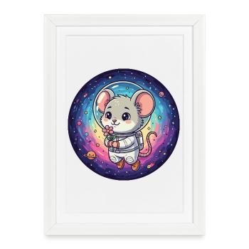 Mouse in astronaut suit with flower in space - Framed poster (27 × 37 cm) - white - Front