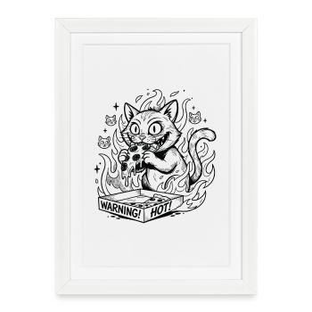 Pizza Flaming Cat dans une Boîte d’Avertissement - Affiche encadrée (27 × 37 cm) - blanc - Devant