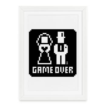 Game Over (Mariage, enterrement de vie de garçon, mariés, Pixel, NEG B) - Affiche encadrée (27 × 37 cm) - blanc - Devant