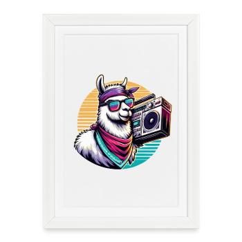 Llama avec boombox dans une ambiance rétro - Affiche encadrée (27 × 37 cm) - blanc - Devant