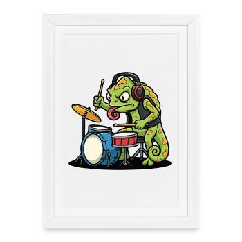 Chameleon Drummer Rock Music Mascot Cartoon - Framed poster (27 × 37 cm) - white - Front