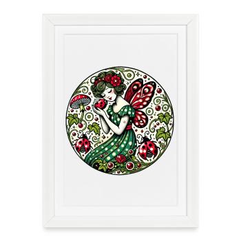 Fée fantaisiste en robe verte en polka - Affiche encadrée (27 × 37 cm) - blanc - Devant