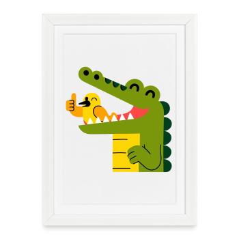 Crocodile joyeux avec un oiseau dans la bouche - Affiche encadrée (27 × 37 cm) - blanc - Devant