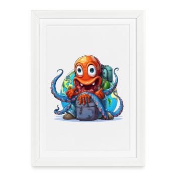 Poulpe voyageuse avec le globe - Affiche encadrée (27 × 37 cm) - blanc - Devant