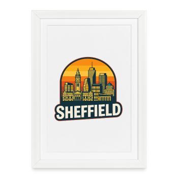 Style rétro de la skyline de Sheffield Steel City : Art rétro de coucher de soleil - Affiche encadrée (27 × 37 cm) - blanc - Devant