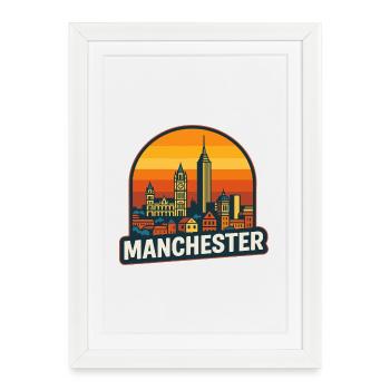 Manchester Skyline Retro Sunset Vintage Art - Affiche encadrée (27 × 37 cm) - blanc - Devant