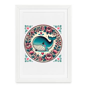 La baleine dans le cercle floral - Affiche encadrée (27 × 37 cm) - blanc - Devant