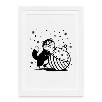 Chat mignon et duveteux avec une grosse babiole de Noël - Affiche encadrée (27 × 37 cm) - blanc - Devant