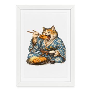 Samurai Cat Tonkatsu Japanese Food Ukiyo-e - Framed poster (27 × 37 cm) - white - Front