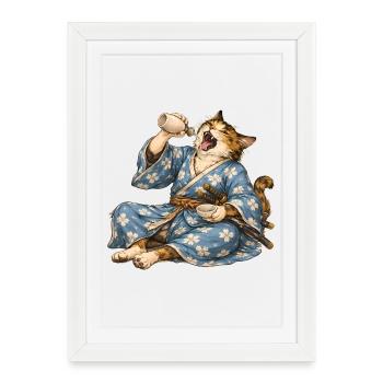 Samurai Cat Sake Japanese Ukiyo-e Style - Framed poster (27 × 37 cm) - white - Front