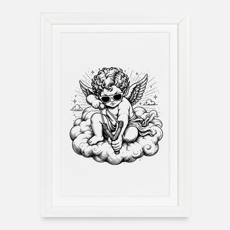 Wütender Cherub mit Steinschleuder - Gerahmtes Poster (27 × 37 cm) - Weiß