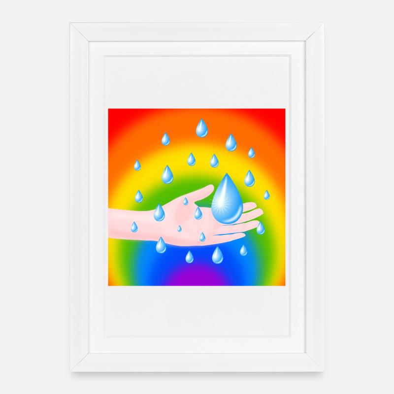 Rainbow Rain Drop and a Hand - Framed poster (27 × 37 cm) - white