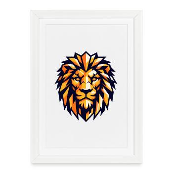 Lion Géométrique Orange Noir - Affiche encadrée (27 × 37 cm) - blanc - Devant