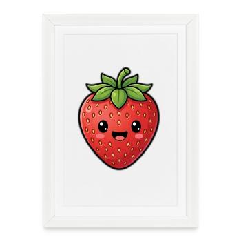 Fraise mignonne - Kawaii aux fruits d’été mignonne - Affiche encadrée (27 × 37 cm) - blanc - Devant