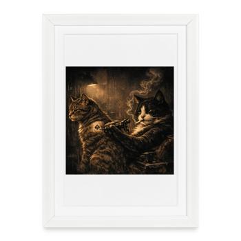 Tatouage Chat Tatoueur Style Vintage Graphique - Affiche encadrée (27 × 37 cm) - blanc - Devant