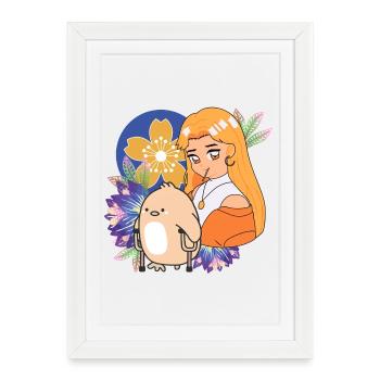 Art de la fille et de l’oiseau animés avec béquilles - Affiche encadrée (27 × 37 cm) - blanc - Devant