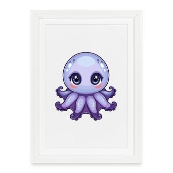 Poulpe Violette aux Grands Yeux Kawaii - Affiche encadrée (27 × 37 cm) - blanc - Devant