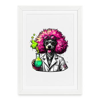 Chien en chimiste en blouse rose - Affiche encadrée (27 × 37 cm) - blanc - Devant