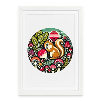 Écureuil fantaisiste parmi les champignons - Affiche encadrée (27 × 37 cm) - blanc - Devant
