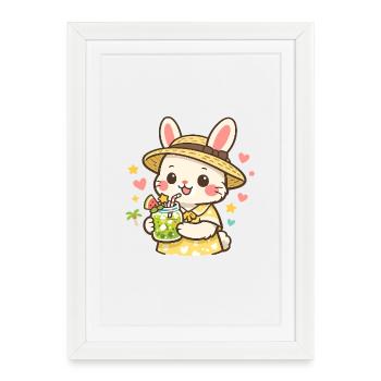 Un lapin limonade au chapeau de paille - Affiche encadrée (27 × 37 cm) - blanc - Devant