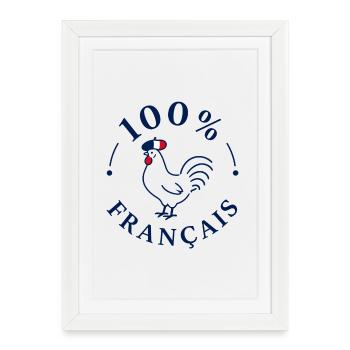 Coq 100% Français avec béret drapeau - Affiche encadrée (27 × 37 cm) - blanc - Devant
