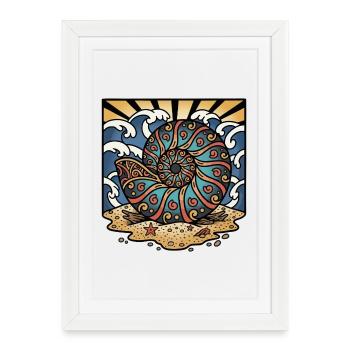 Coquillage Ammonite Nautile Plage Ocean Retro - Affiche encadrée (27 × 37 cm) - blanc - Devant