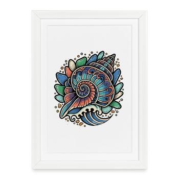 Coquillage Nautile Spirale Ocean Vague Retro - Affiche encadrée (27 × 37 cm) - blanc - Devant
