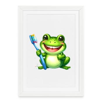 Grenouille verte avec brosse à dents – Personnage de bande dessinée Kawaii - Affiche encadrée (27 × 37 cm) - blanc - Devant