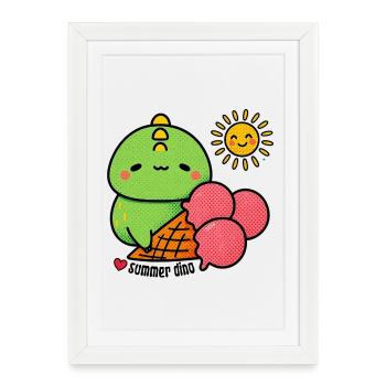 Dino d’été avec cornet de glace - Affiche encadrée (27 × 37 cm) - blanc - Devant