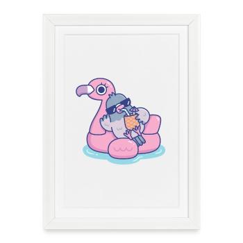 Funny Pigeon With Sunglasses Chilling On Flamingo  - Framed poster (27 × 37 cm) - white - Front