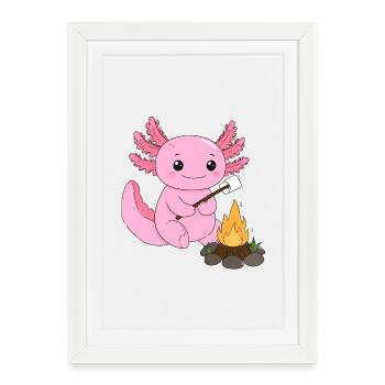 Pink Axolotl Grilling Marshmallow at Campfire – Sweet - Framed poster (27 × 37 cm) - white - Front