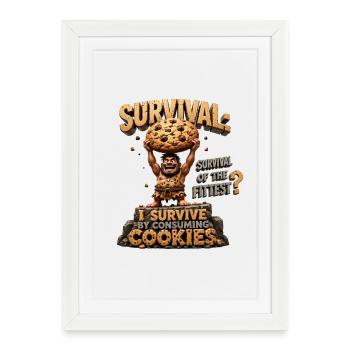 L’homme des cavernes avec des biscuits : Survie - Affiche encadrée (27 × 37 cm) - blanc - Devant