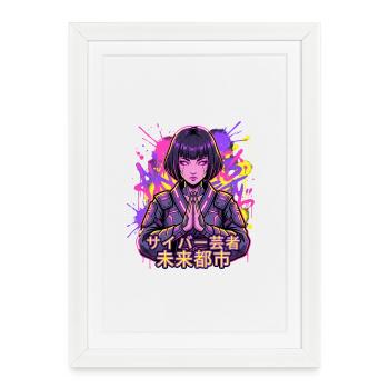 Cyber Geisha im Neonstadt - Gerahmtes Poster (27 × 37 cm) - Weiß - Vorne
