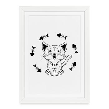 Chat Salutant Heureux avec des Arêtes de Poisson - Affiche encadrée (27 × 37 cm) - blanc - Devant