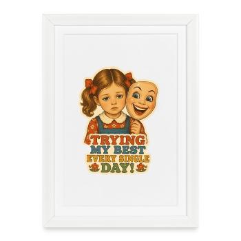 Vintage Sad Girl Hiding Behind Smile Mask - Framed poster (27 × 37 cm) - white - Front