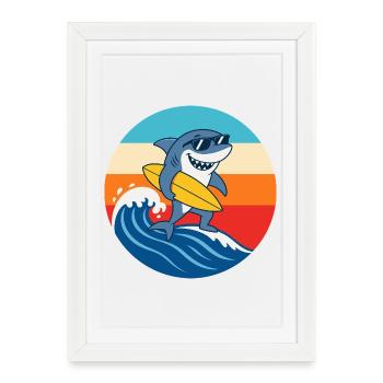 Retro Sunset Surf Cartoon Shark - Framed poster (27 × 37 cm) - white - Front