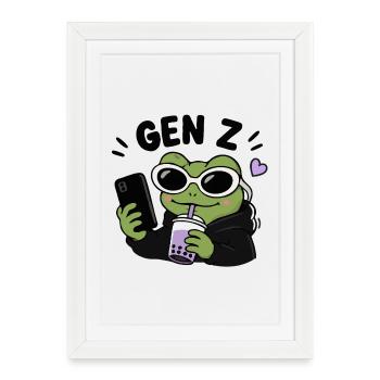 Grenouille de la génération Z avec une esthétique de mème drôle à la Boba Kawaii - Affiche encadrée (27 × 37 cm) - blanc - Devant