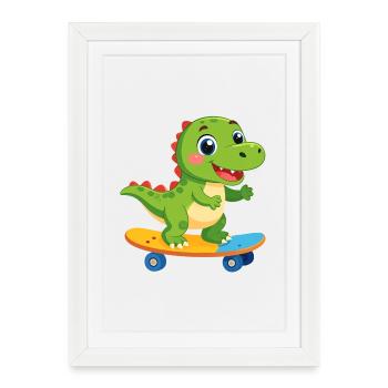 Little Green Dino on Skateboard – Skater Fun - Framed poster (27 × 37 cm) - white - Front