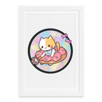 Kawaii chat avec des beignets et des bonbons - Affiche encadrée (27 × 37 cm) - blanc - Devant