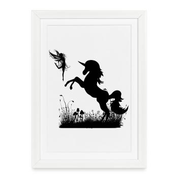 Unicorn and fairy playing at sunset. - Framed poster (27 × 37 cm) - white - Front