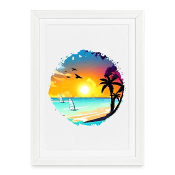 Aquarelle de plage de coucher de soleil d’été - Affiche encadrée (27 × 37 cm) - blanc - Devant