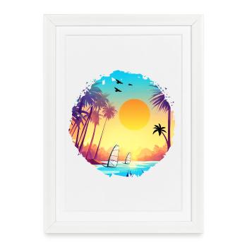 Aquarelle de plage de coucher de soleil d’été - Affiche encadrée (27 × 37 cm) - blanc - Devant