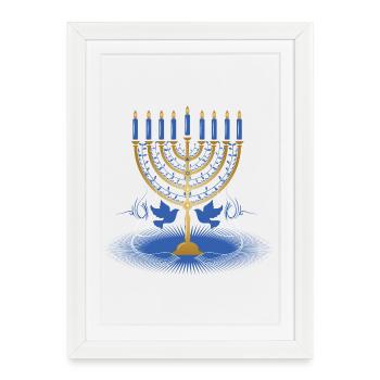 chandelier de Hanoukka doré avec deux colombes - Affiche encadrée (27 × 37 cm) - blanc - Devant