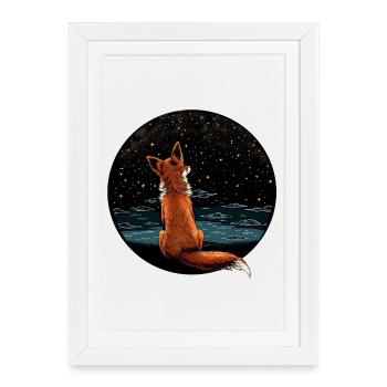 Renard au ciel étoilé - Affiche encadrée (27 × 37 cm) - blanc - Devant